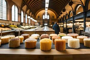 a long counter with many different types of cakes. AI-Generated photo