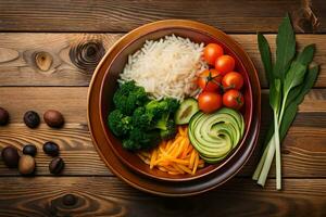 a bowl of rice, broccoli, tomatoes, and other vegetables. AI-Generated photo