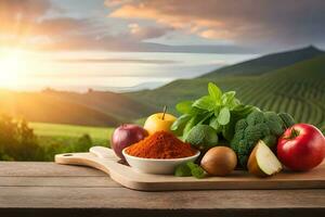 fresh fruits and vegetables on a wooden table with a sunset in the background. AI-Generated photo