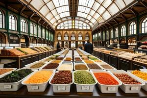 un grande Tienda con un montón de comida en bochas. generado por ai foto