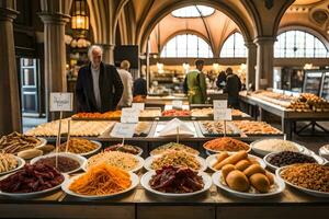 a man is standing in front of a display of food. AI-Generated photo