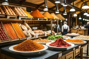 un variedad de especias y otro comida en un almacenar. generado por ai foto