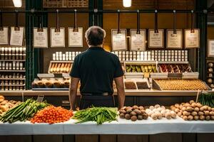 un hombre en pie en frente de un monitor de vegetales. generado por ai foto