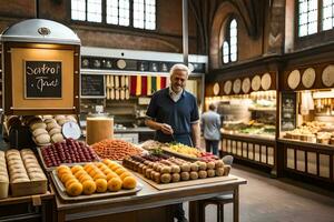 a man standing in front of a display of fruits and vegetables. AI-Generated photo