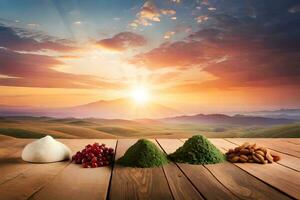 various types of green powders on a wooden table with a sunset in the background. AI-Generated photo