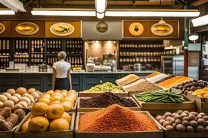 a woman is standing in front of a large display of fruits and vegetables. AI-Generated photo