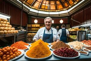 a man in an apron is standing in front of a display of spices. AI-Generated photo