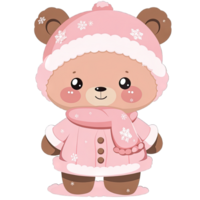 Baby Bear wears pink winter outfit in festive holiday ,Ai generative png