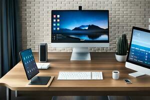 un escritorio con Tres ordenadores y un tableta. generado por ai foto