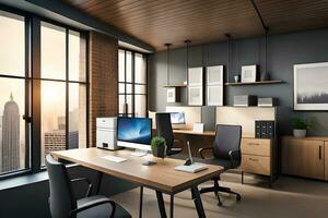 modern office with desk, chairs and computer. AI-Generated photo
