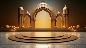 podium background. Ramadan holiday minimalism style . arabic design with shades of beige gold colors. ai generated photo