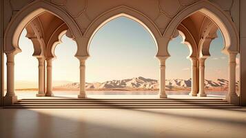 background for the Islamic holiday of Ramadan in a minimalist style, with a podium, with sunlight, in light beige delicate shades and elements of nature. ai generated photo