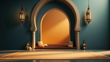 green podium with beige elements in Arabic minimalist style. Podium in the style of Ramadan, Eid Mubarak. AI generated photo