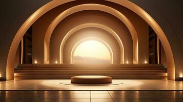 background for the Islamic holiday of Ramadan in a minimalist style, with a podium, with sunlight, in light beige delicate shades and elements of nature. ai generated photo
