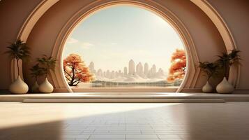 background for the Islamic holiday of Ramadan in a minimalist style, with a podium, with sunlight, in light beige delicate shades and elements of nature. ai generated photo