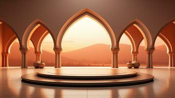 background for the Islamic holiday of Ramadan in a minimalist style, with a podium, with sunlight, in light beige delicate shades and elements of nature. ai generated photo