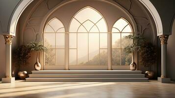 background for the Islamic holiday of Ramadan in a minimalist style, with a podium, with sunlight, in light beige delicate shades and elements of nature. ai generated photo