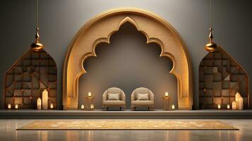 podium background. Ramadan holiday minimalism style . arabic design with shades of beige gold colors. ai generated photo