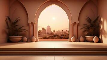 background for the Islamic holiday of Ramadan in a minimalist style, with a podium, with sunlight, in light beige delicate shades and elements of nature. ai generated photo