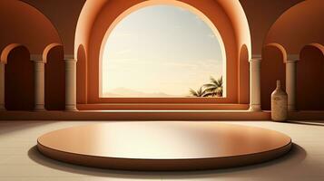 background for the Islamic holiday of Ramadan in a minimalist style, with a podium, with sunlight, in light beige gold delicate shades and elements of nature. ai generated photo