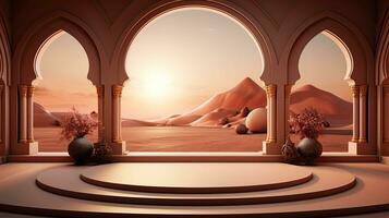 background for the Islamic holiday of Ramadan in a minimalist style, with a podium, with sunlight, in light beige delicate shades and elements of nature. ai generated photo