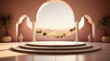background for the Islamic holiday of Ramadan in a minimalist style, with a podium, with sunlight, in light beige delicate shades and elements of nature. ai generated photo