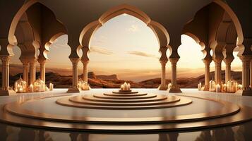 background for the Islamic holiday of Ramadan in a minimalist style, with a podium, with sunlight, in light beige gold delicate shades and elements of nature. ai generated photo