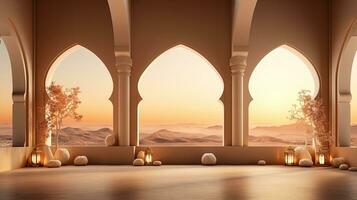 antecedentes para el islámico fiesta de Ramadán en un minimalista estilo, con un podio, con luz de sol, en ligero beige oro delicado sombras y elementos de naturaleza. ai generado foto