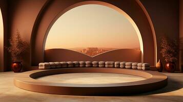 background for the Islamic holiday of Ramadan in a minimalist style, with a podium, with sunlight, in light beige delicate shades and elements of nature. ai generated photo