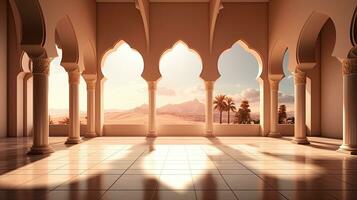 background for the Islamic holiday of Ramadan in a minimalist style, with a podium, with sunlight, in light beige delicate shades and elements of nature. ai generated photo