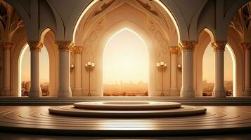 background for the Islamic holiday of Ramadan in a minimalist style, with a podium, with sunlight, in light beige delicate shades and elements of nature. ai generated photo