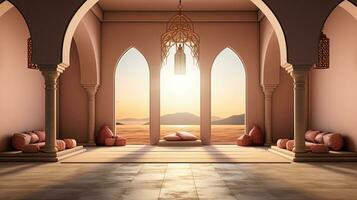 background for the Islamic holiday of Ramadan in a minimalist style, with a podium, with sunlight, in light beige delicate shades and elements of nature. ai generated photo