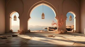 background for the Islamic holiday of Ramadan in a minimalist style, with a podium, with sunlight, in light beige delicate shades and elements of nature. ai generated photo