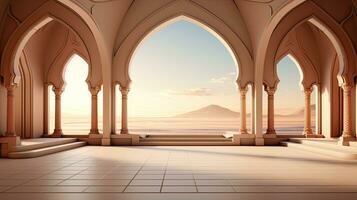 background for the Islamic holiday of Ramadan in a minimalist style, with a podium, with sunlight, in light beige delicate shades and elements of nature. ai generated photo