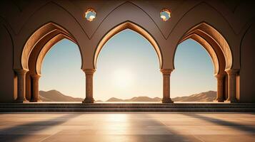 background for the Islamic holiday of Ramadan in a minimalist style, with a podium, with sunlight, in light beige delicate shades and elements of nature. ai generated photo