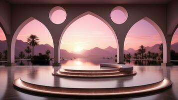 background for the Islamic holiday of Ramadan in a minimalist style, with a podium, with sunlight, in light beige delicate shades and elements of nature. ai generated photo