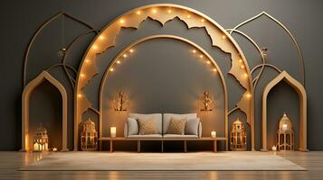 podio antecedentes. Ramadán fiesta minimalismo estilo . Arábica diseño con sombras de beige oro colores. ai generado foto