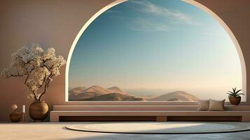 background for the Islamic holiday of Ramadan in a minimalist style, with a podium, with sunlight, in light beige delicate shades and elements of nature. ai generated photo
