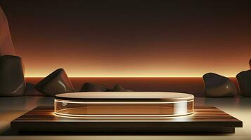 neon podium in a minimalist Scandinavian style in beige-brown colors with lighting. AI Generative photo
