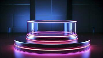 neon podium in bright psychedelic colors with backlighting. in y2k style. AI Generative photo