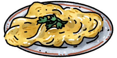 Omelet on plate illustration. Doodle breakfast. Hand drawn foods. Menu board. png