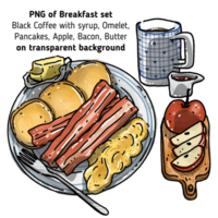 PNG of Breakfast on plate, apple on board and Hot Black Coffee with syrup on transparent background illustration. Doodle breakfast. Hand drawn foods. Menu board.