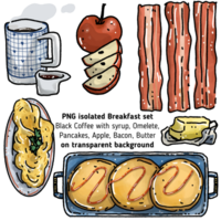 PNG geïsoleerd ontbijt reeks zwart koffie met siroop, omelet, pannekoeken, appel, spek, boter Aan transparant achtergrond illustratie. tekening ontbijt. hand- getrokken voedingsmiddelen. menu bord.