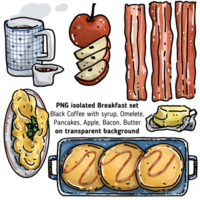 png isolato prima colazione impostato nero caffè con sciroppo, frittata, Pancakes, mela, Bacon, burro su trasparente sfondo illustrazione. scarabocchio prima colazione. mano disegnato Alimenti. menù tavola.