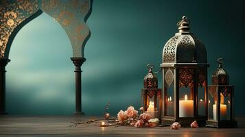 podium background in Ramadan holiday style with lantern. oriental arabic design with shades of green. ai generative photo
