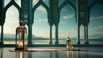 podio antecedentes en Ramadán fiesta estilo con linterna. oriental Arábica diseño con sombras de verde. ai generativo foto