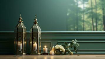 podio antecedentes en Ramadán fiesta estilo con linterna. oriental Arábica diseño con sombras de verde. ai generativo foto
