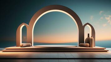 podium background in Ramadan holiday minimalism style . oriental arabic design with shades of beige colors. ai generative photo