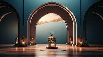 podium background in Ramadan holiday style with lantern. oriental arabic design with shades of green. ai generative photo