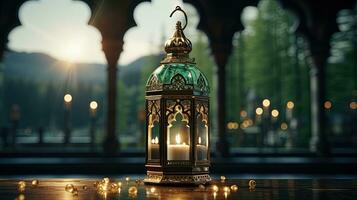 podium background in Ramadan holiday style with lantern. oriental arabic design with shades of green. ai generative photo